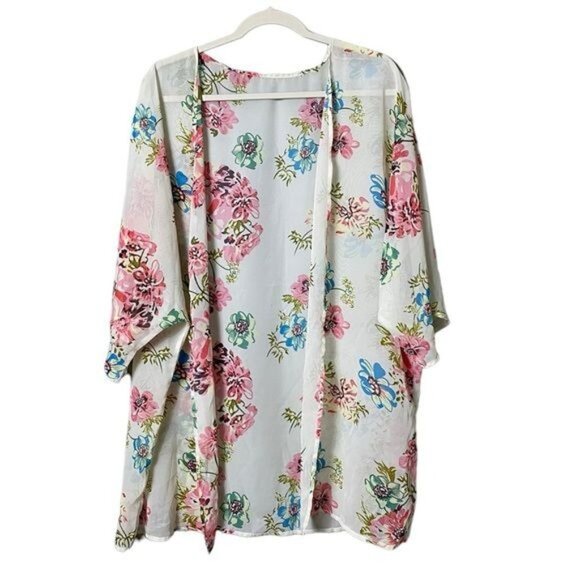 Beachy Bohemian Coverup Wrap Kimono Floral Size L Cream Pink Feminine - Picture 1 of 5